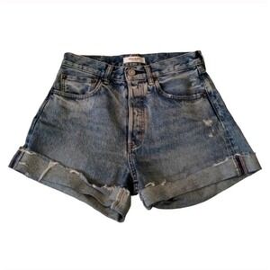 MOUSSY VINTAGE Upland Denim Shorts Blue Cuff Distressed‎